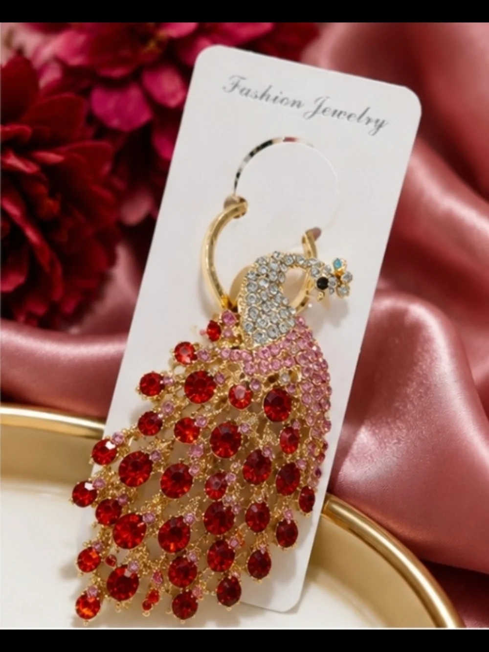 Fashion Jewelry Pink And Red Crystal Peacock Keychain with Gold Tone